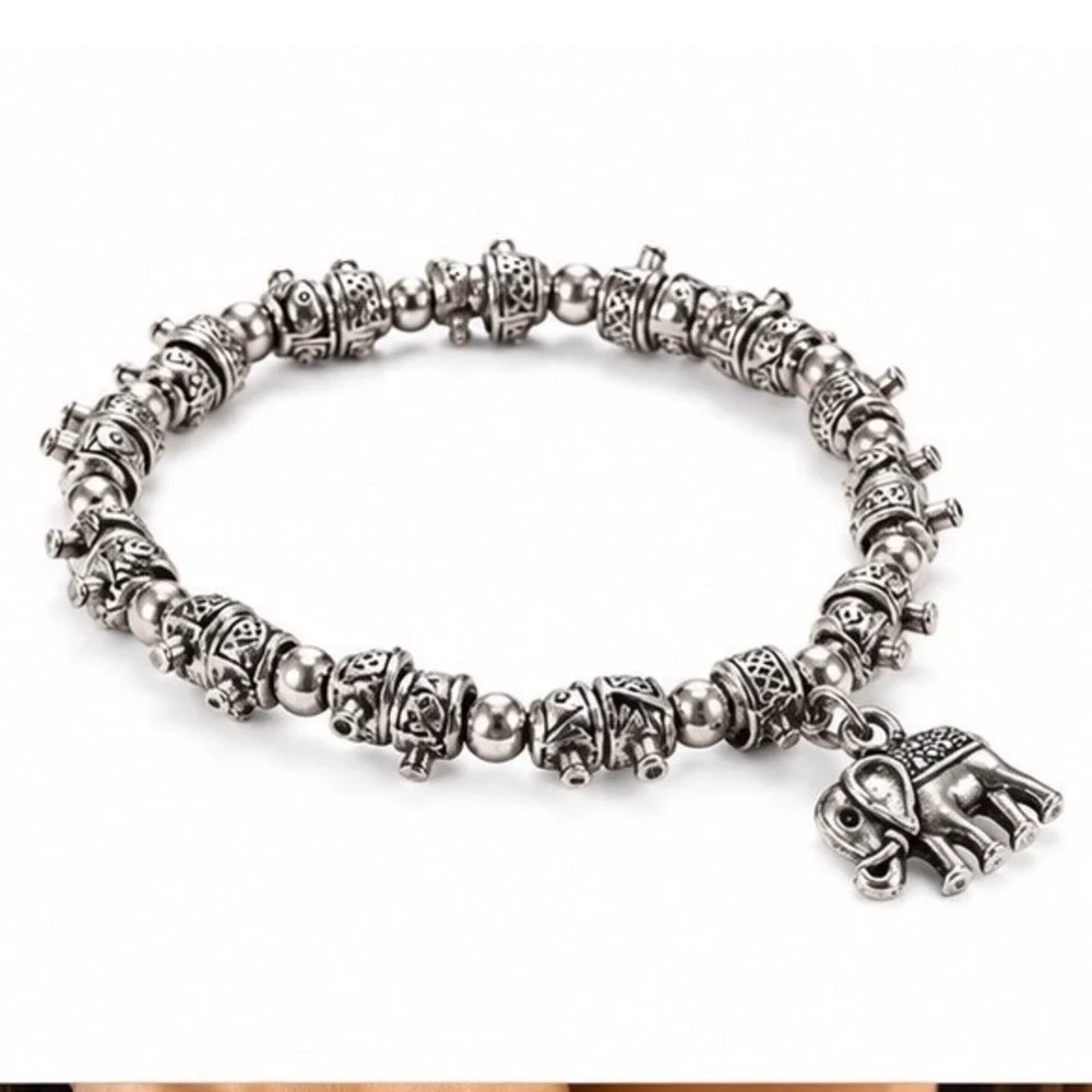 Bohemian Oxidized Silver Tone Elephant Charm Stretch Bead Bracelet Womens